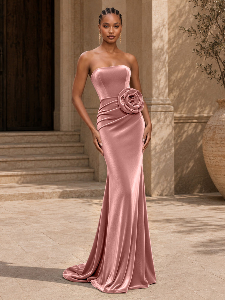 Velvet Mermaid Strapless Long Evening Dresses with 3D Flowers