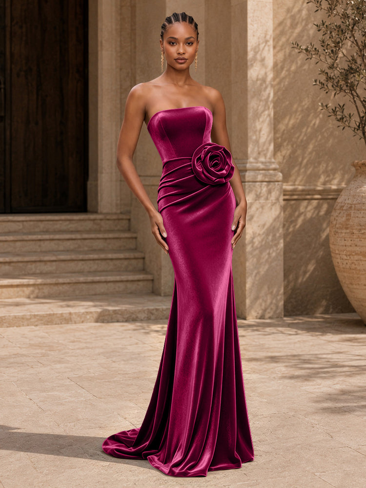 Velvet Mermaid Strapless Long Evening Dresses with 3D Flowers