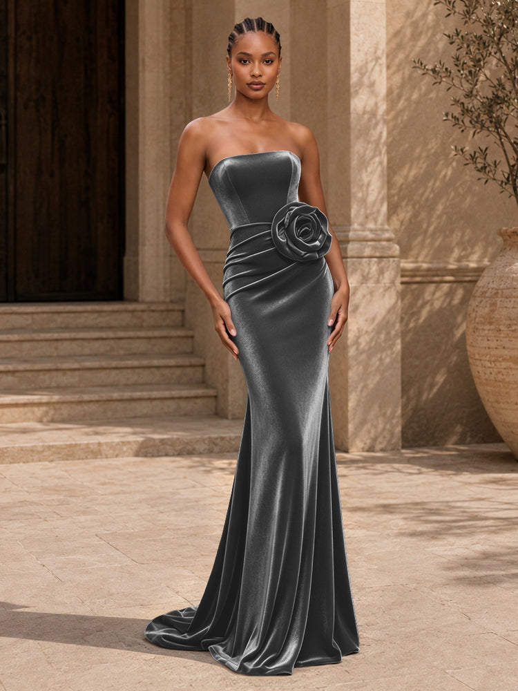 Velvet Mermaid Strapless Long Evening Dresses with 3D Flowers