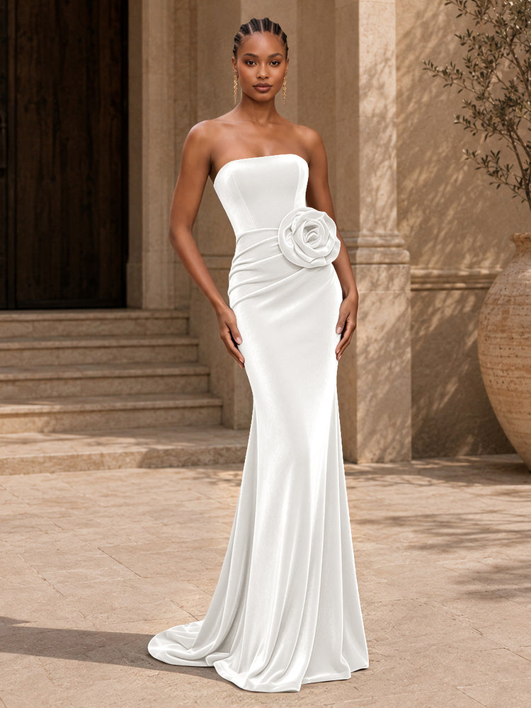 Velvet Mermaid Strapless Long Evening Dresses with 3D Flowers