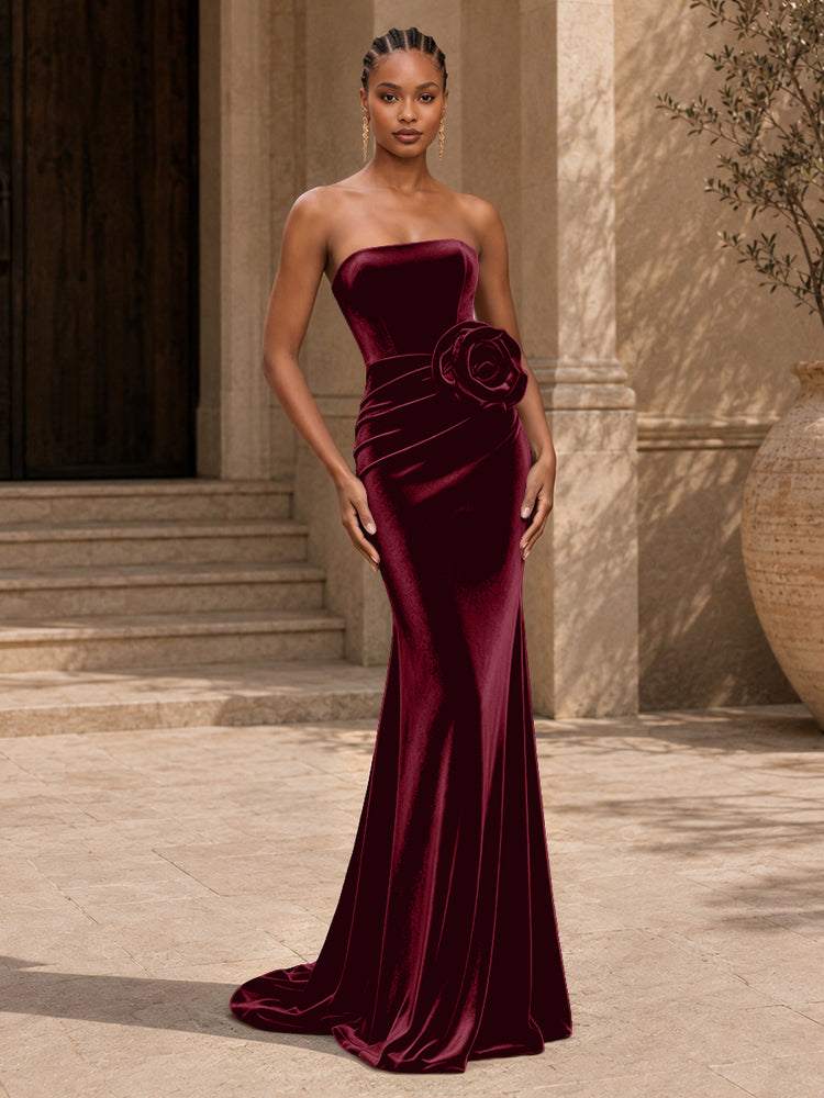 Velvet Mermaid Strapless Long Evening Dresses with 3D Flowers