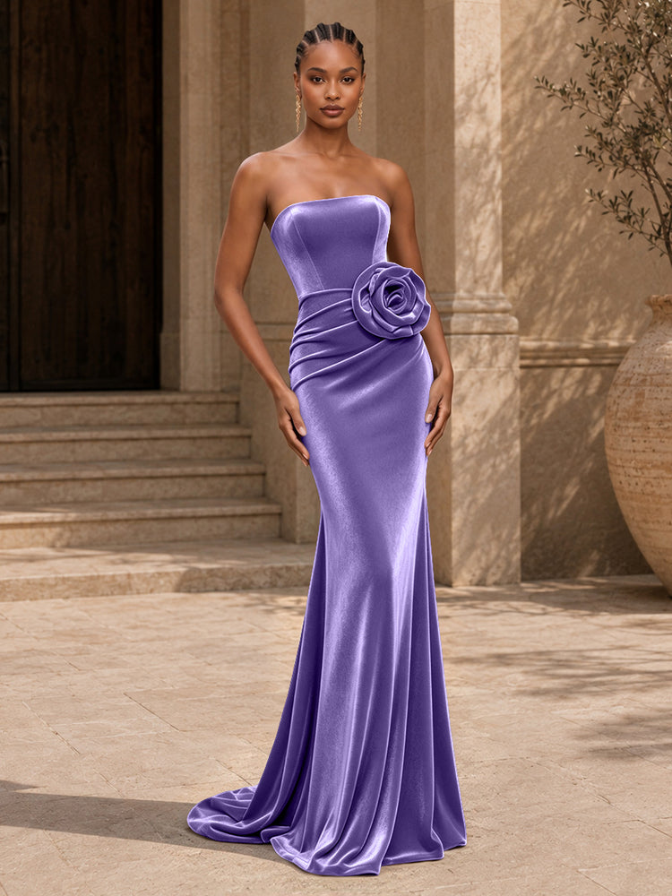 Velvet Mermaid Strapless Long Evening Dresses with 3D Flowers