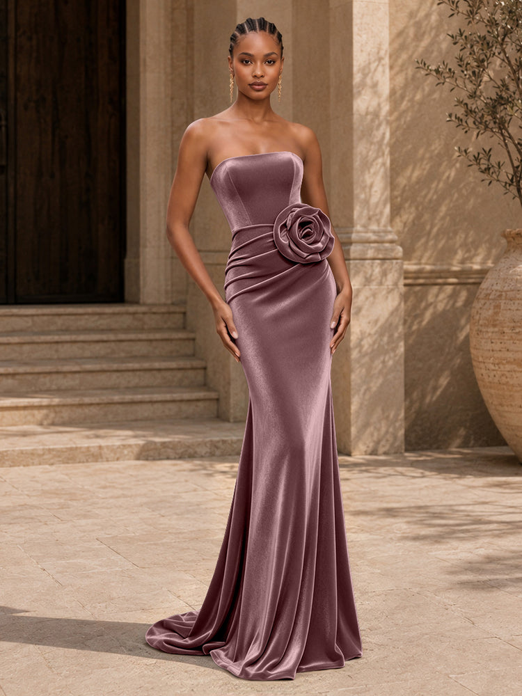 Velvet Mermaid Strapless Long Evening Dresses with 3D Flowers