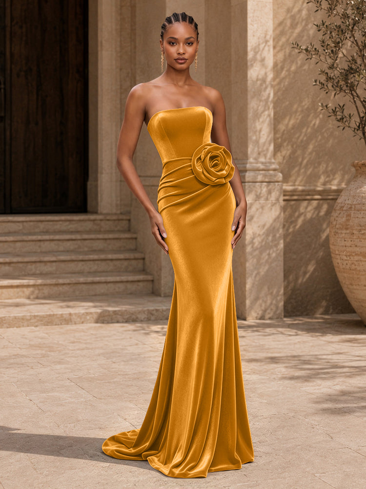 Velvet Mermaid Strapless Long Evening Dresses with 3D Flowers