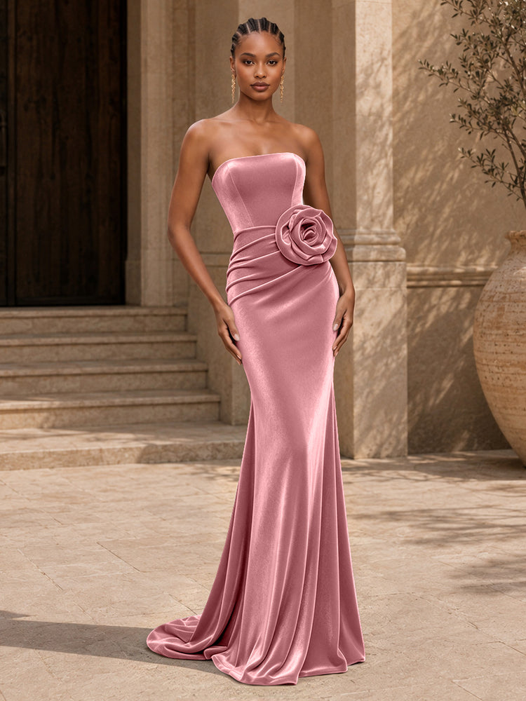 Velvet Mermaid Strapless Long Evening Dresses with 3D Flowers