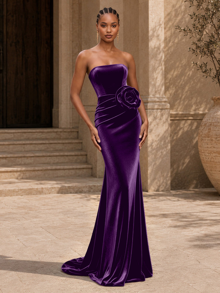 Velvet Mermaid Strapless Long Evening Dresses with 3D Flowers