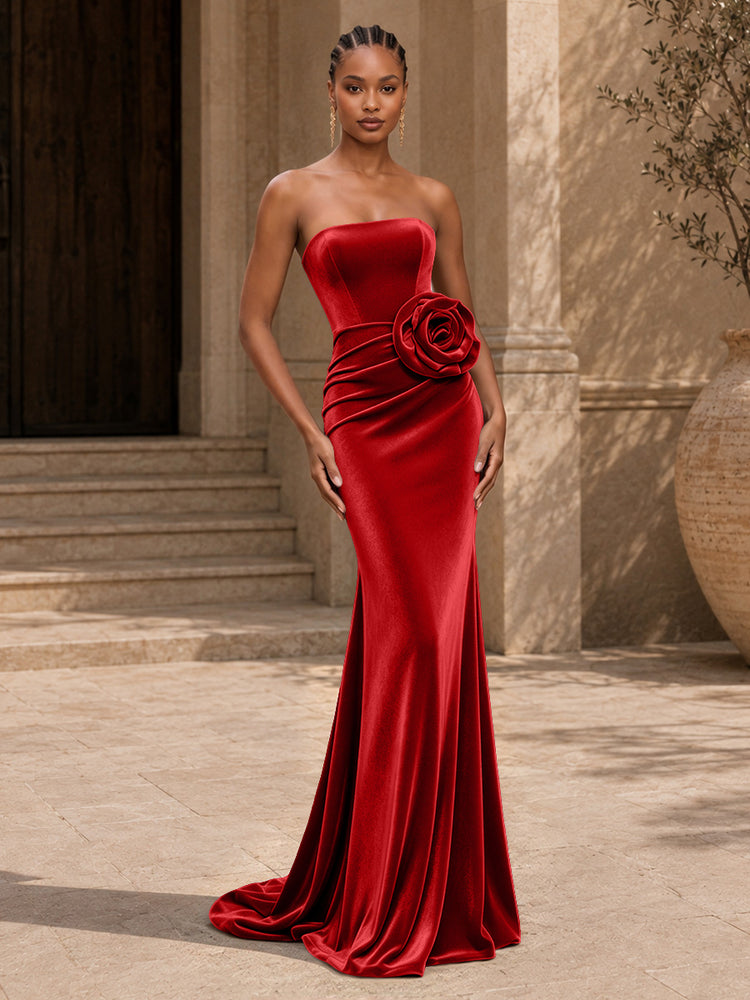 Velvet Mermaid Strapless Long Evening Dresses with 3D Flowers