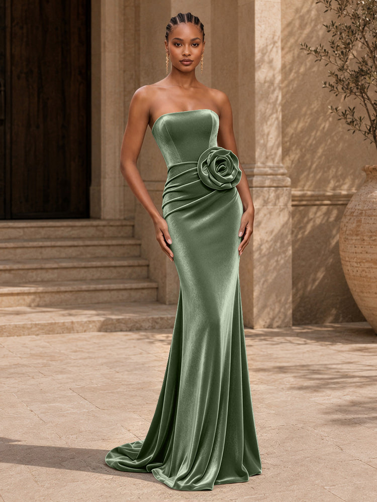 Velvet Mermaid Strapless Long Evening Dresses with 3D Flowers