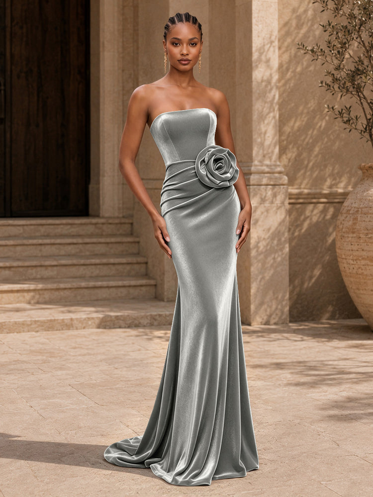 Velvet Mermaid Strapless Long Evening Dresses with 3D Flowers