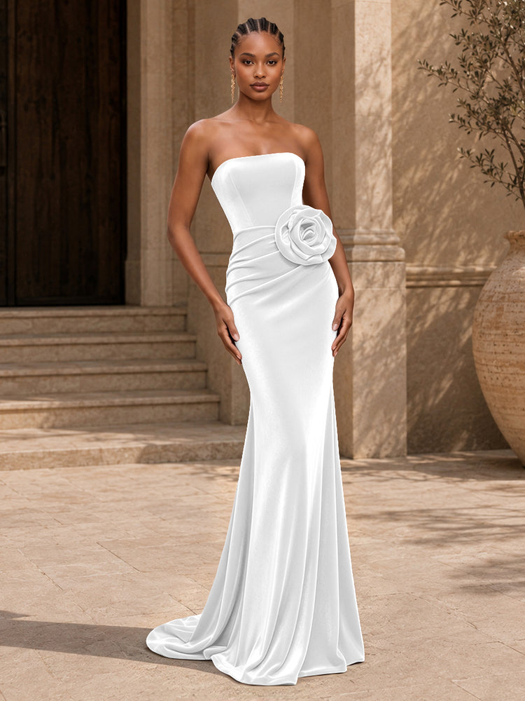 Velvet Mermaid Strapless Long Evening Dresses with 3D Flowers