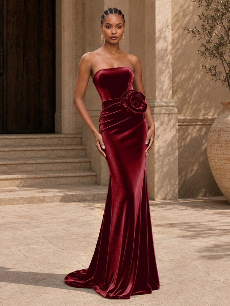 Velvet Mermaid Strapless Long Evening Dresses with 3D Flowers