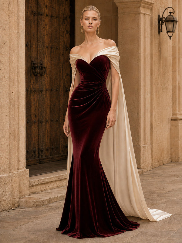 Velvet Mermaid Off the Shoulder Long Evening Dresses with Cape