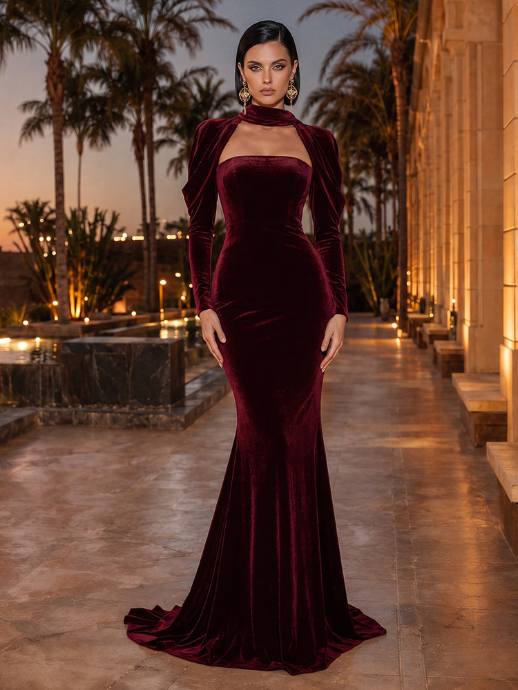 Velvet Mermaid High Neck Long Evening Dresses with Cutout