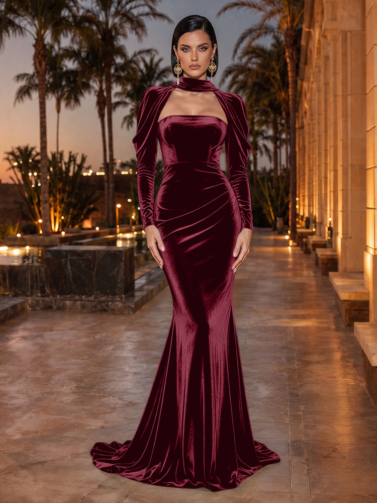 Velvet Mermaid High Neck Long Evening Dresses with Cutout
