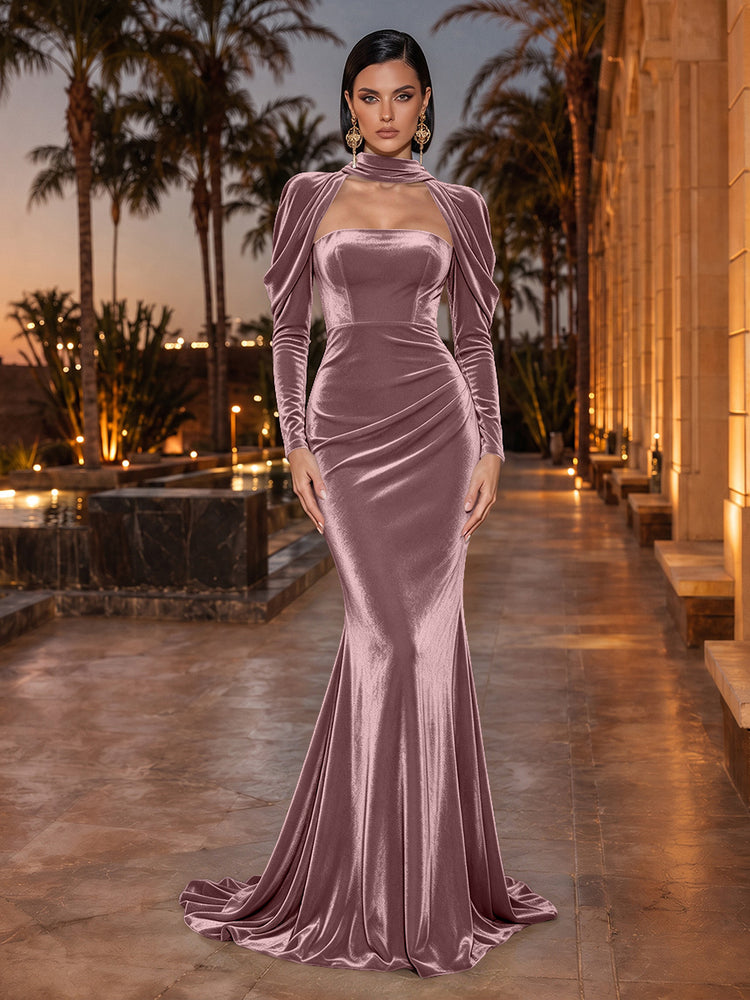 Velvet Mermaid High Neck Long Evening Dresses with Cutout