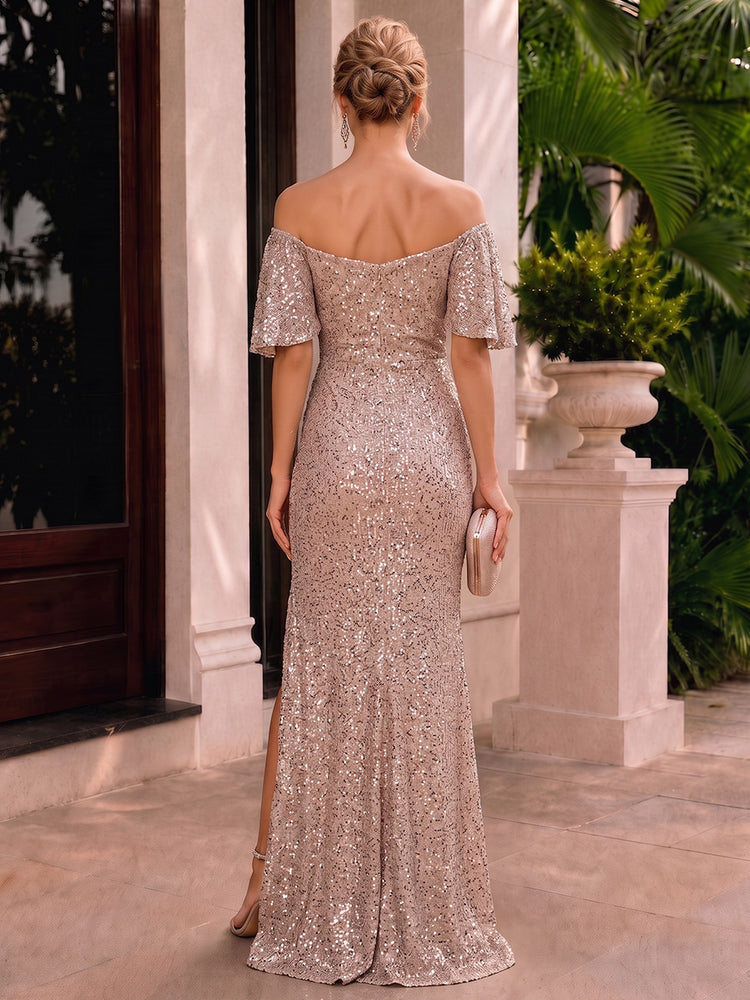 Sequin Mermaid Off the Shoulder Long Evening Dresses with Slit