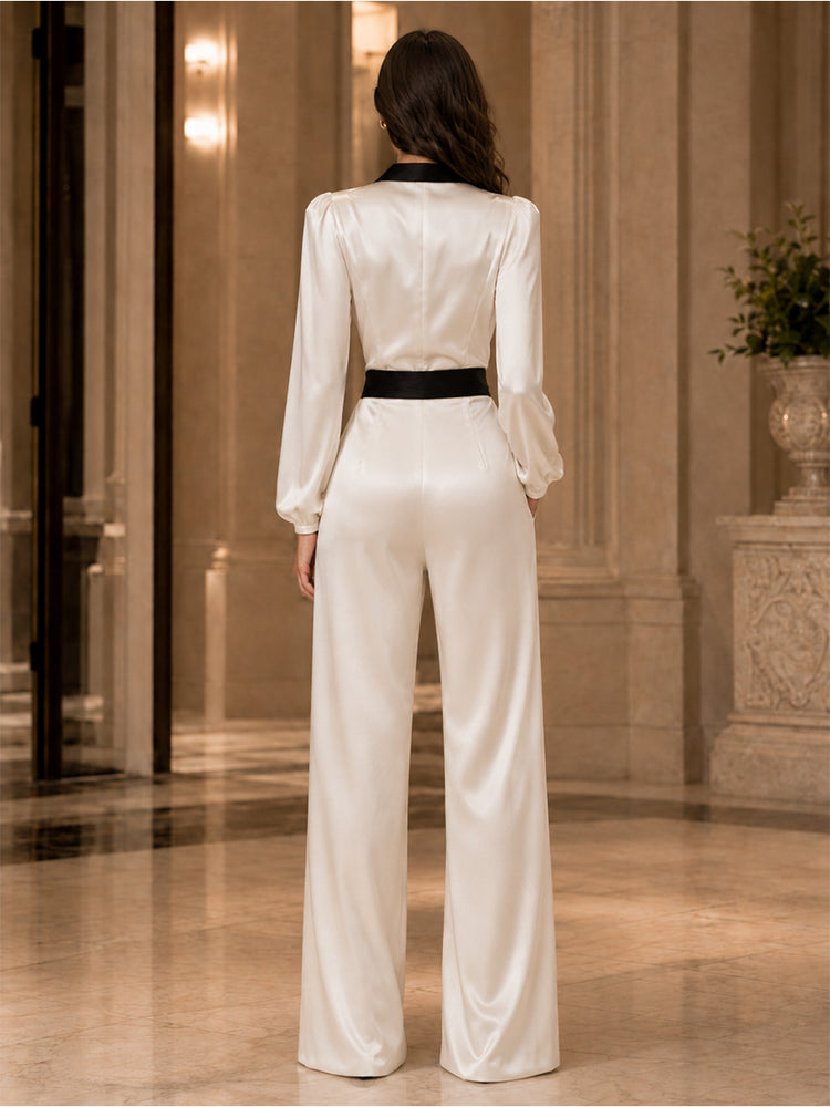 Satin Jumpsuit Lapel Long Evening Dresses with Pocket