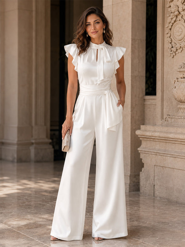 Satin Jumpsuit Round Neck Long Evening Dresses with Sash