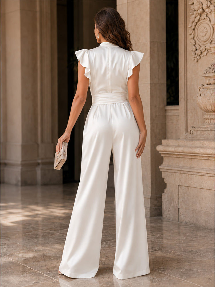 Satin Jumpsuit Round Neck Long Evening Dresses with Sash