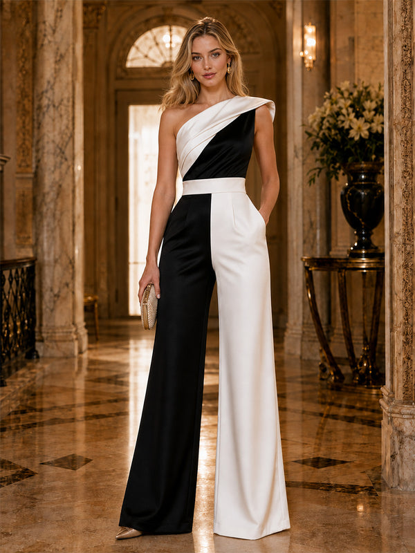 Satin Jumpsuit One Shoulder Long Evening Dresses with Ruched