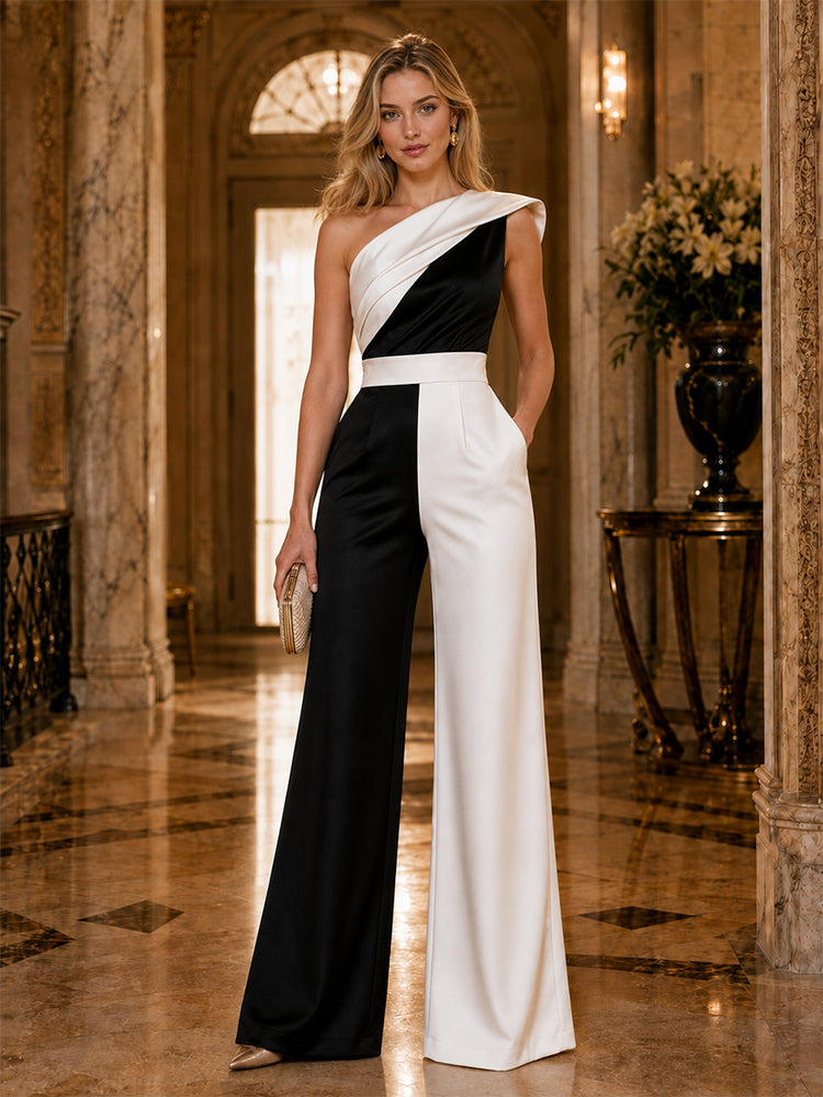 Satin Jumpsuit One Shoulder Long Evening Dresses with Ruched