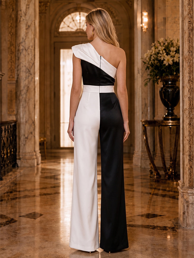 Satin Jumpsuit One Shoulder Long Evening Dresses with Ruched