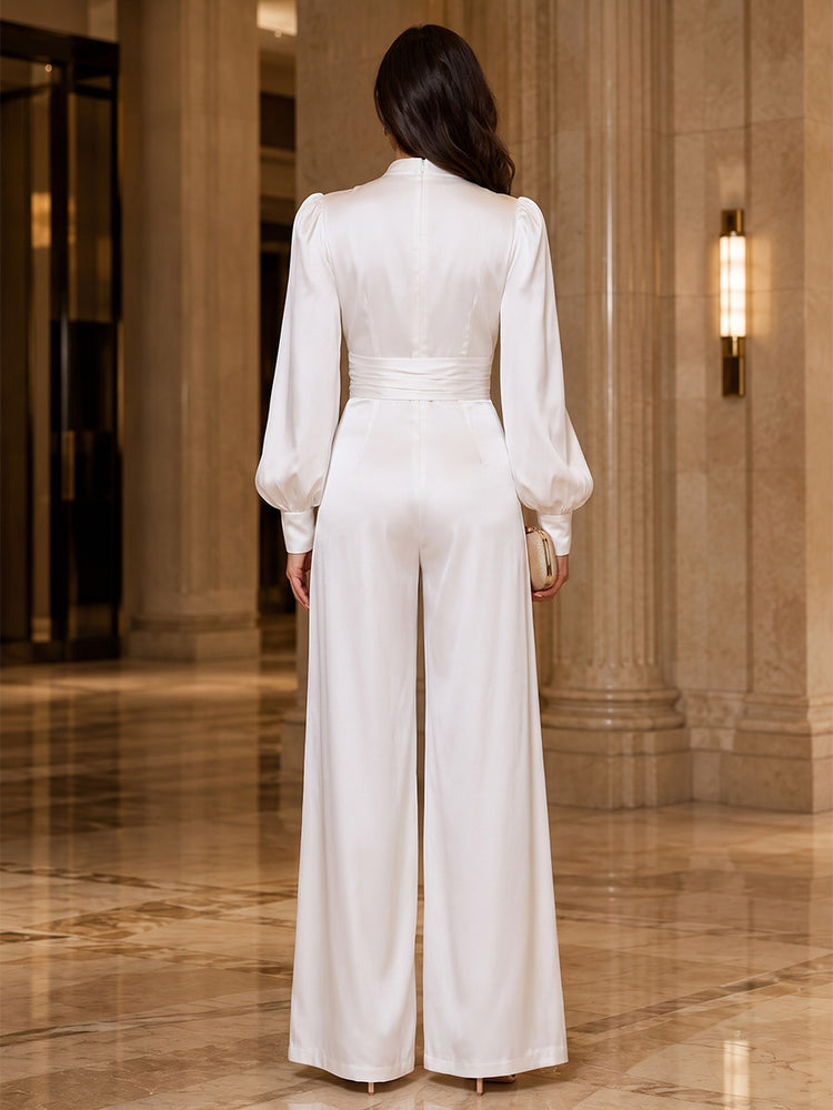Satin Jumpsuit High Neck Long Evening Dresses with Cutout