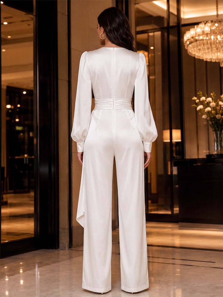 Satin Jumpsuit V Neck Long Evening Dresses with Sash