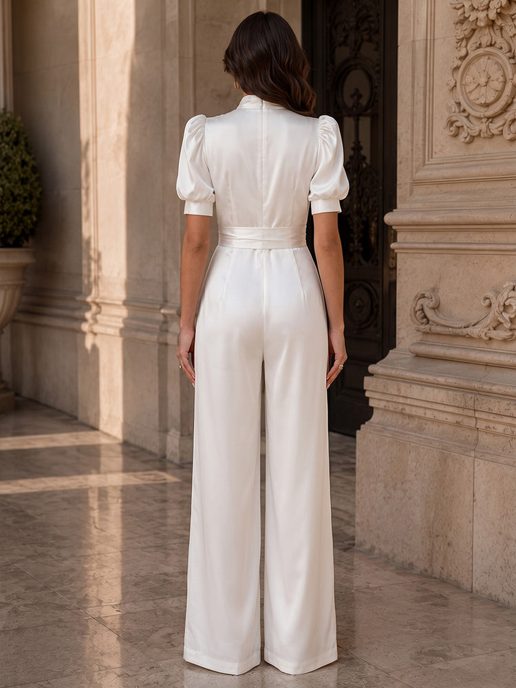 Satin Jumpsuit High Neck Long Evening Dresses with Sash