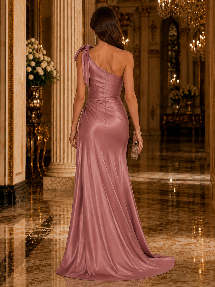 Satin Mermaid One Shoulder Long Evening Dresses with Slit