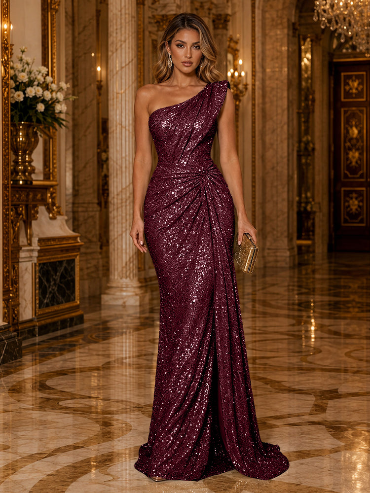 Sequin Mermaid One Shoulder Long Evening Dresses with Slit