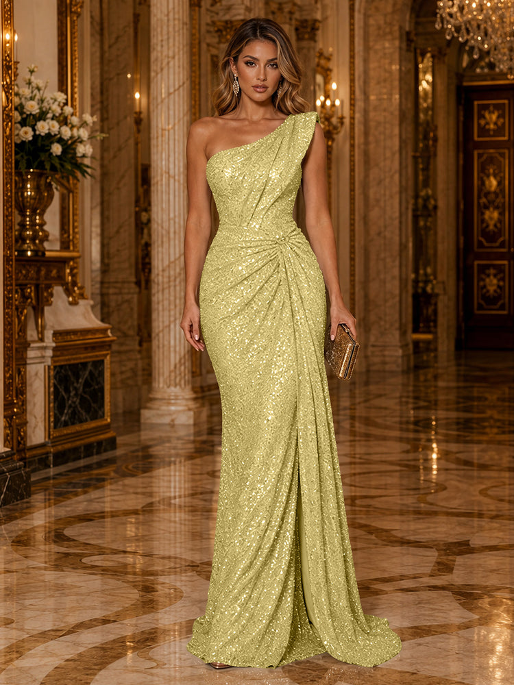 Sequin Mermaid One Shoulder Long Evening Dresses with Slit