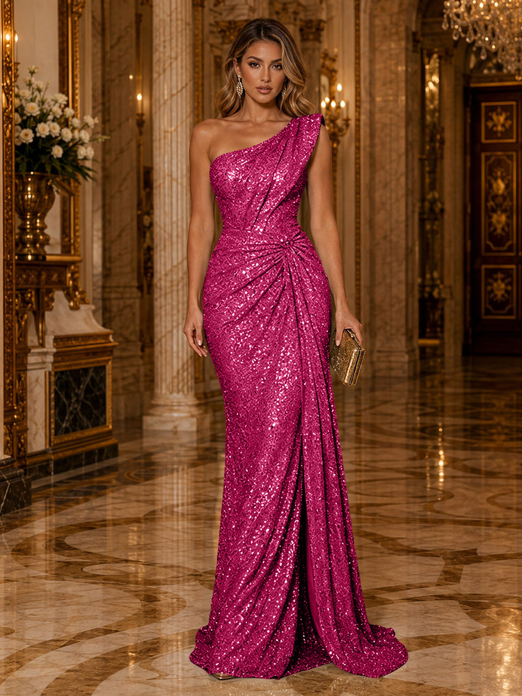 Sequin Mermaid One Shoulder Long Evening Dresses with Slit