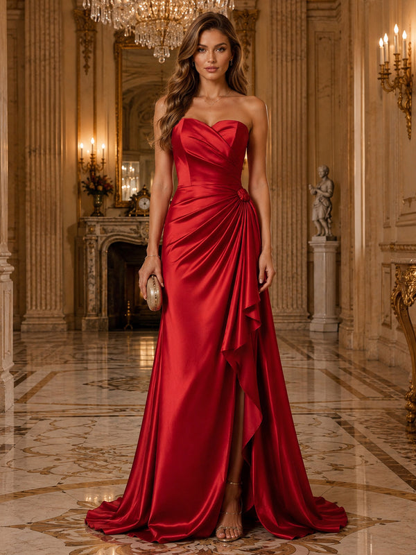 Satin Mermaid Strapless Long Evening Dresses with Slit