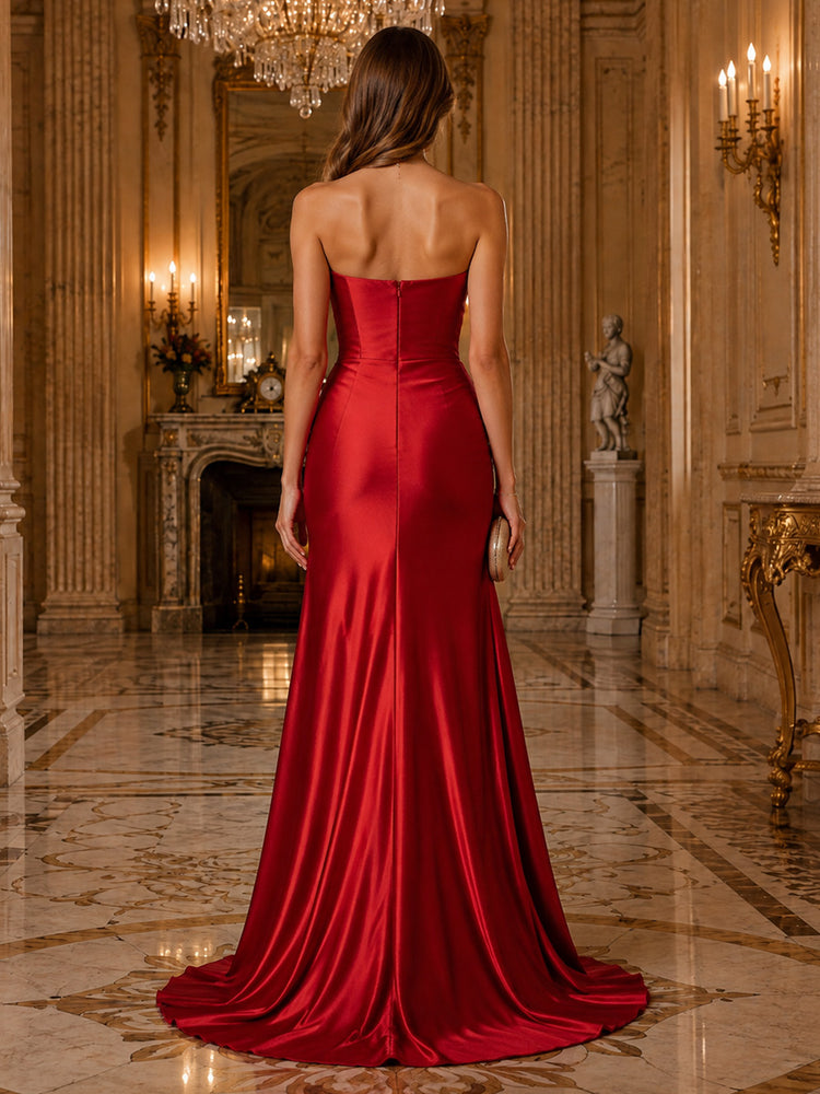 Satin Mermaid Strapless Long Evening Dresses with Slit