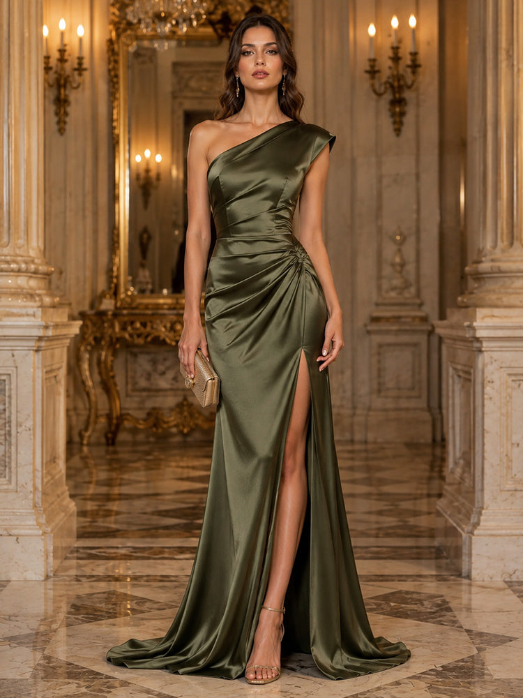 Satin Mermaid One Shoulder Long Evening Dresses with Slit