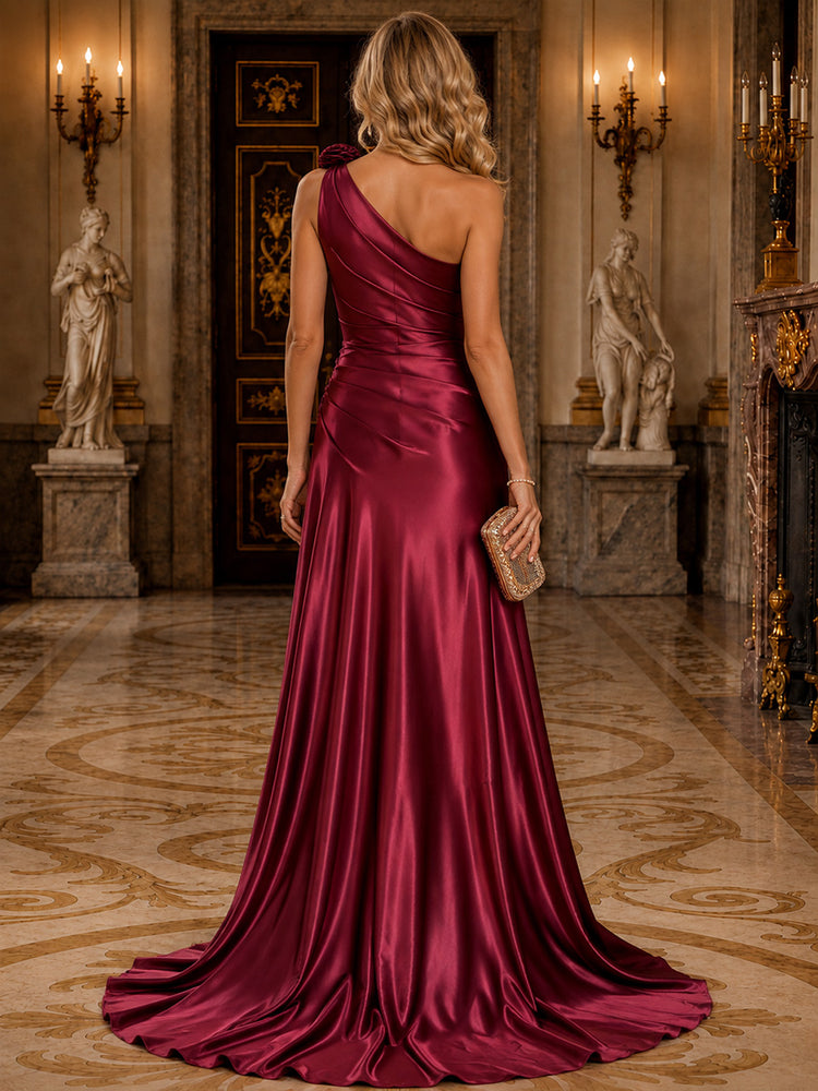 Satin Mermaid One Shoulder Long Evening Dresses with Slit