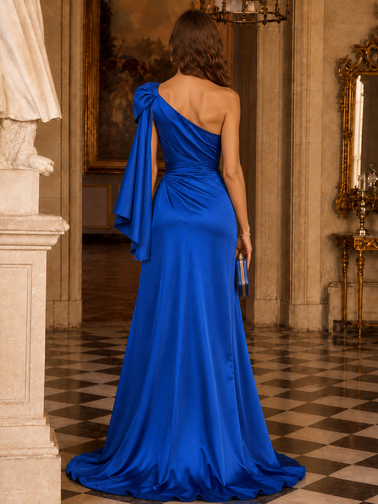 Satin Mermaid One Shoulder Long Evening Dresses with Sash