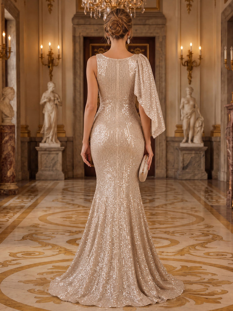 Sequin Mermaid Boat Neck Long Evening Dresses with Cape