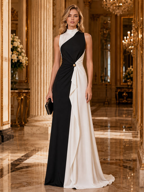 Satin A-Line High Neck Long Evening Dresses with Ruched