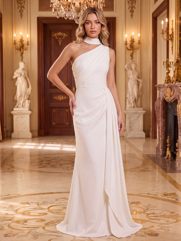 Satin Mermaid One Shoulder Long Evening Dresses with Pleated