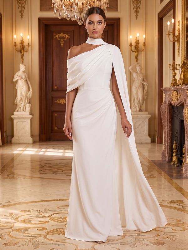 Satin Mermaid Asymmetric Neck Long Evening Dresses with Ruched