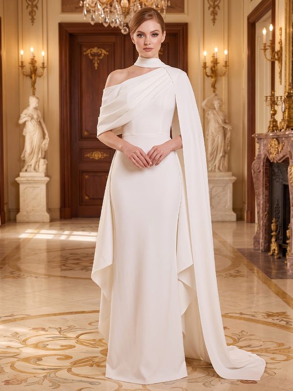 Satin Mermaid Asymmetric Neck Long Evening Dresses with Ruffles