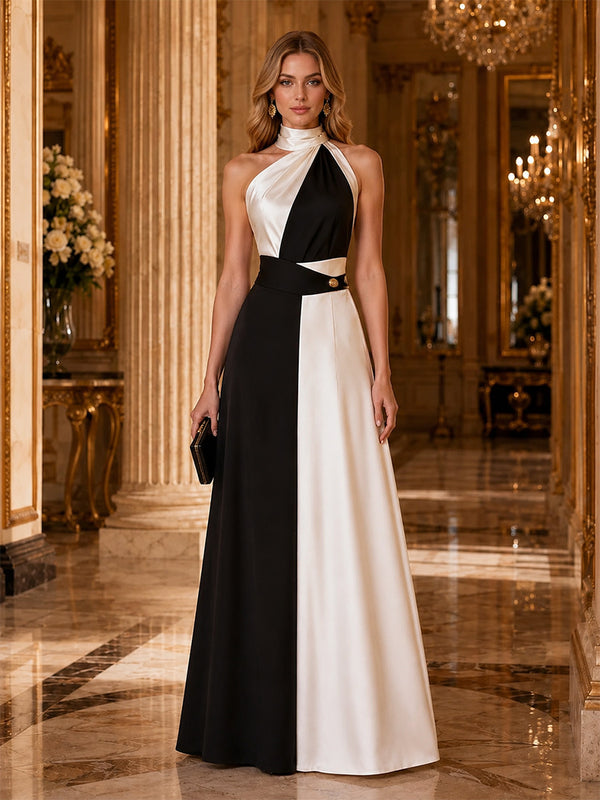 Satin A-Line High-Neck Asymmetric Long Evening Dresses with Ruched