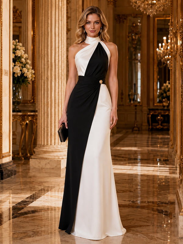 Satin Mermaid High-Neck Asymmetric Long Evening Dresses with Ruched