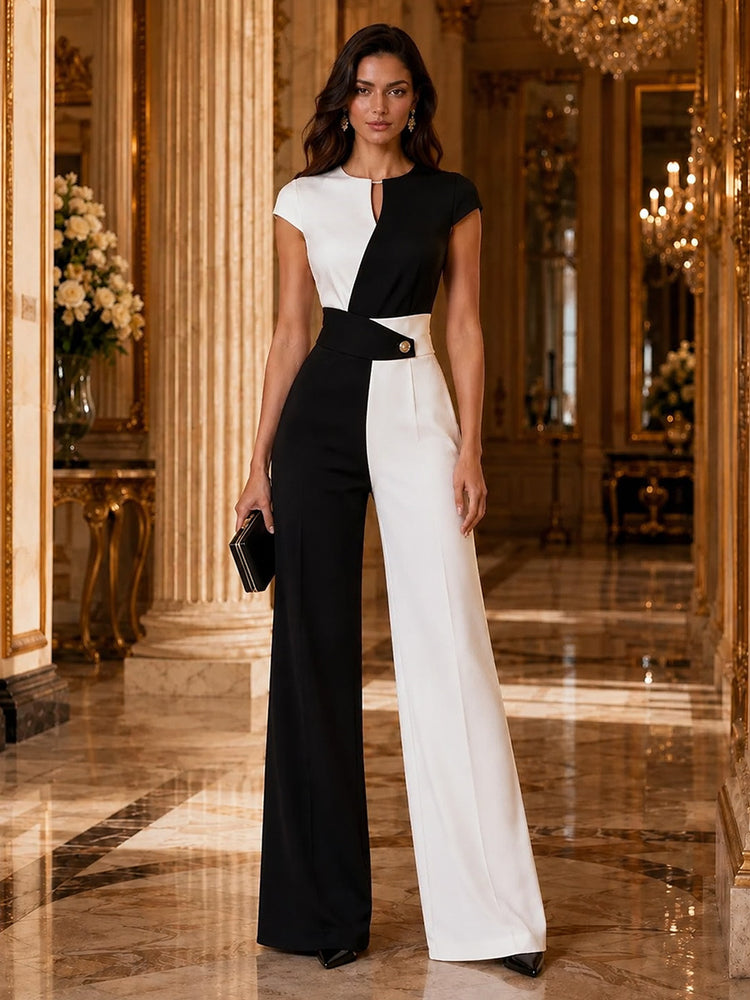 Satin Jumpsuit Round Neck Long Evening Dresses with Waist Sash