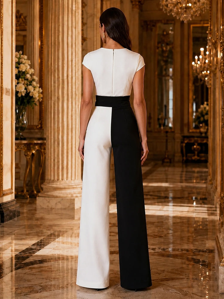 Satin Jumpsuit Round Neck Long Evening Dresses with Waist Sash