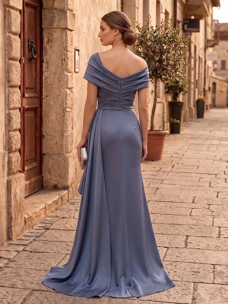 Satin Mermaid Off the Shoulder Long Evening Dresses with Ruched