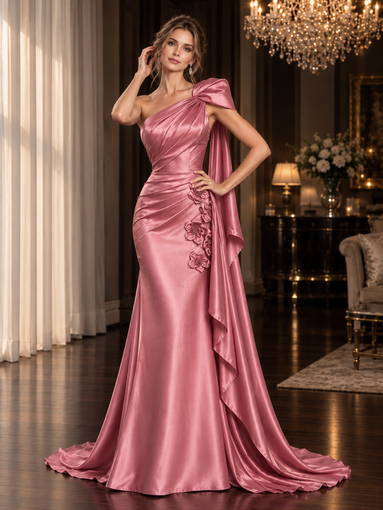Satin A-Line One Shoulder Long Evening Dresses with 3D Flowers