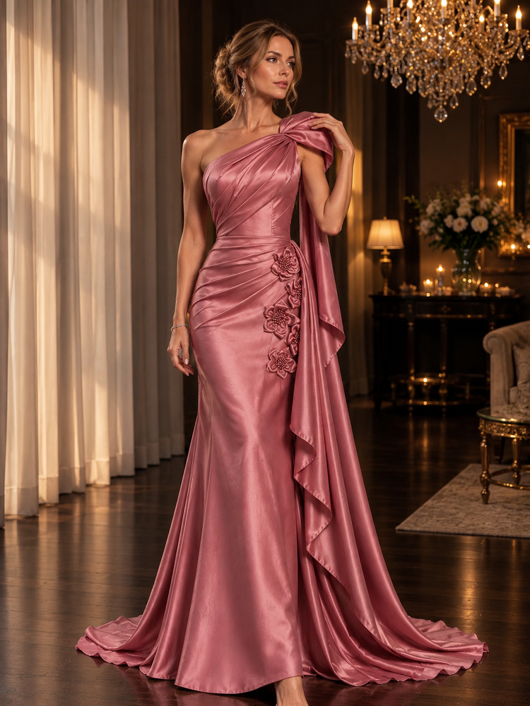 Satin A-Line One Shoulder Long Evening Dresses with 3D Flowers